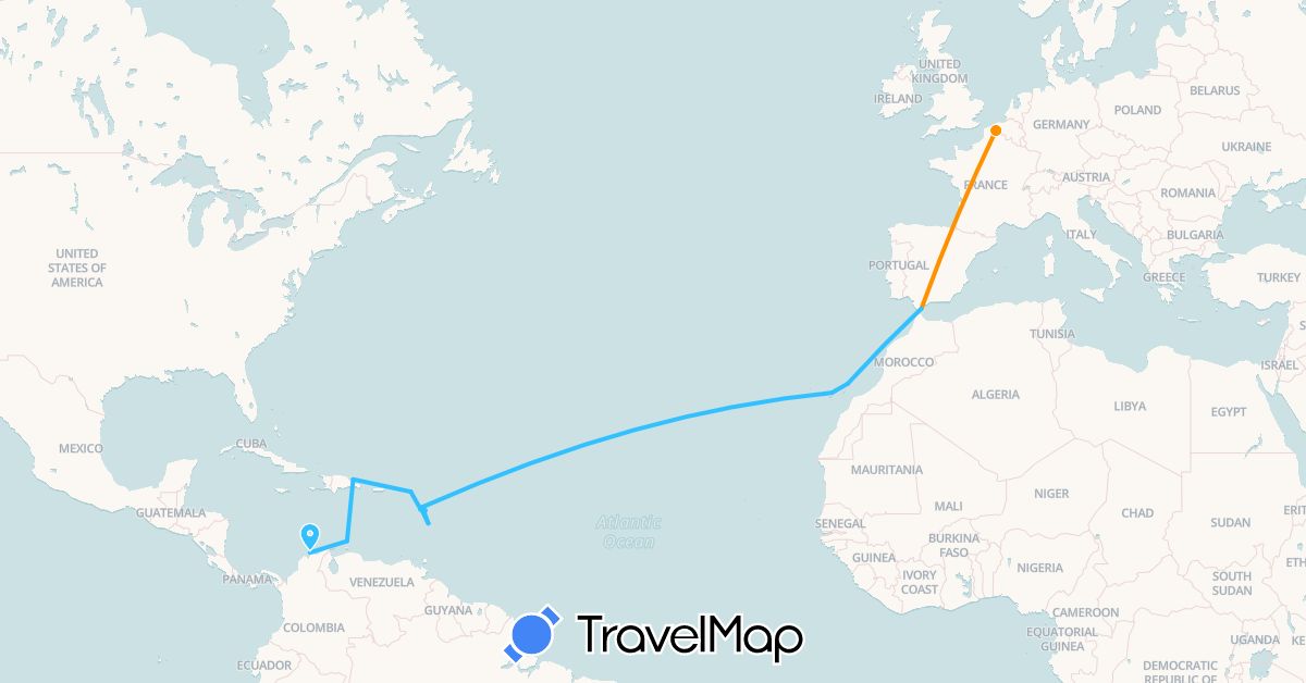 TravelMap itinerary: driving, boat, hitchhiking in Aruba, Colombia, Dominican Republic, Spain, France, Gibraltar (Europe, North America, South America)
